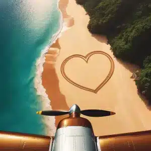 DALL·E 2024-04-16 11.27.05 - Aerial view photo taken from a biplane flying along the coastline. The focus is on a heart shape artistically drawn in the sand of a beach. The beach Déclaraciel